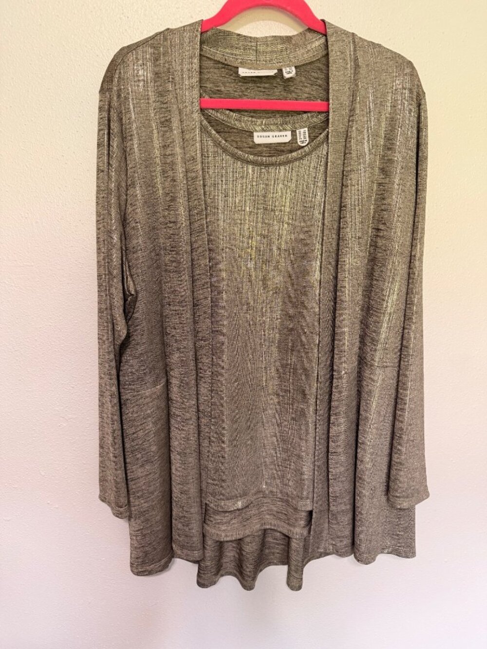 Susan Graver 2 Pc Tank Cardigan Set Tan Metallic Pockets Womans 2X